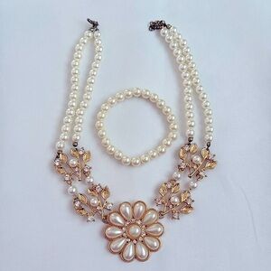 Formal Wedding Prom Gold with pearl and rhinestone necklace and bracelet set